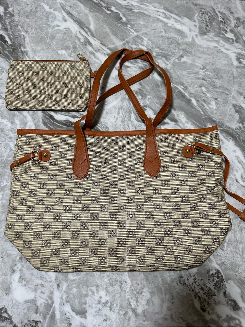 Neutral Check Canvas Tote with Brown Trim and Matching Pouch